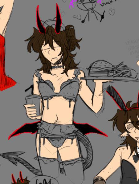 Slvt4Luck's tweet photo. stupid fuckass burger lingerie.... I was NOT going to colour that no matter how much you tried to convince me to, nuh uh

also sev in a bunny suit 'cause uh... self indulgence HAHAHAHA oh I'm going to hell for sure

#forsakenr34 https://t.co/vtReHJGznk