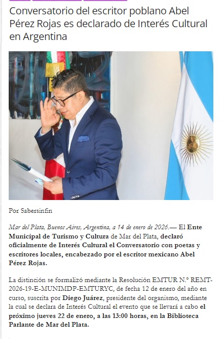 #Noticias El Ente Municipal de Turismo y Cultura de #MarDelPlata, declaró oficialmente de Interés Cultural el Conversatorio con poetas y escritores locales, encabezado por el escritor mexicano <a href="/abelpr5/">Abel Pérez Rojas</a> .
sb2023.sabersinfin.com/conversatorio-… #poesia #POEMS #Poeta #poetrycommunity #Puebla #amor