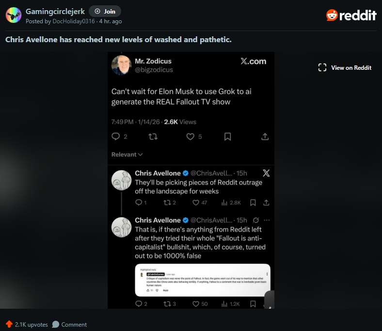 ShitpostRock's tweet image. Just found out Redditors are having a meltdown because Chris Avellone pointed out the obvious that Fallout isn’t really about capitalism