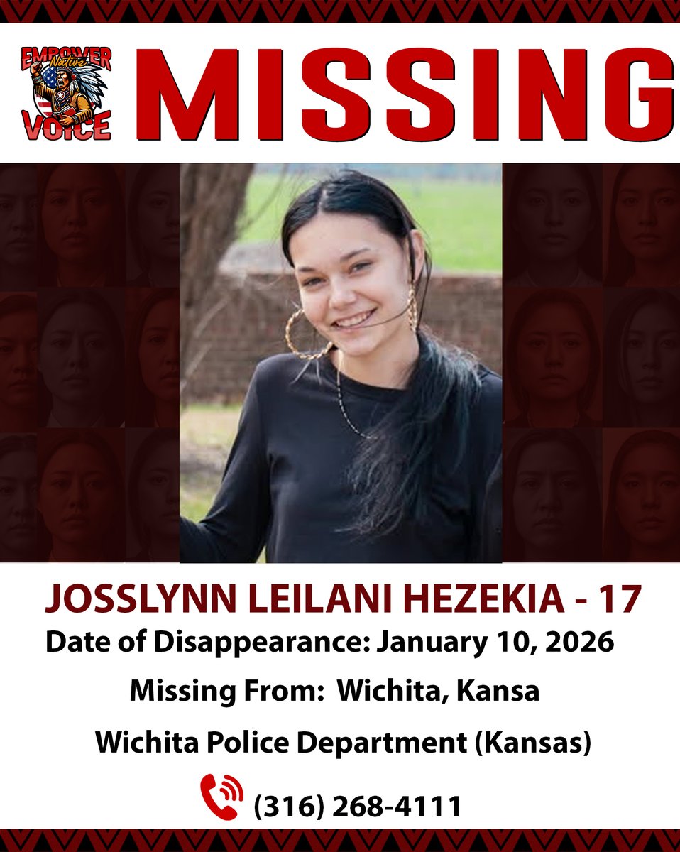 EmpowerNative's tweet image. 🚨 MISSING PERSON ALERT - JOSSLYNN LEILANI HEZEKIA 🚨

If you have any information, please contact:
📞 Wichita Police Department (Kansas): (316) 268-4111
📞 NCMEC: 1-800-843-5678 (Ref: 2074231)

#EmpowerNativeVoice #ShareYourVoice #MissingPerson #BringThemHomeNow