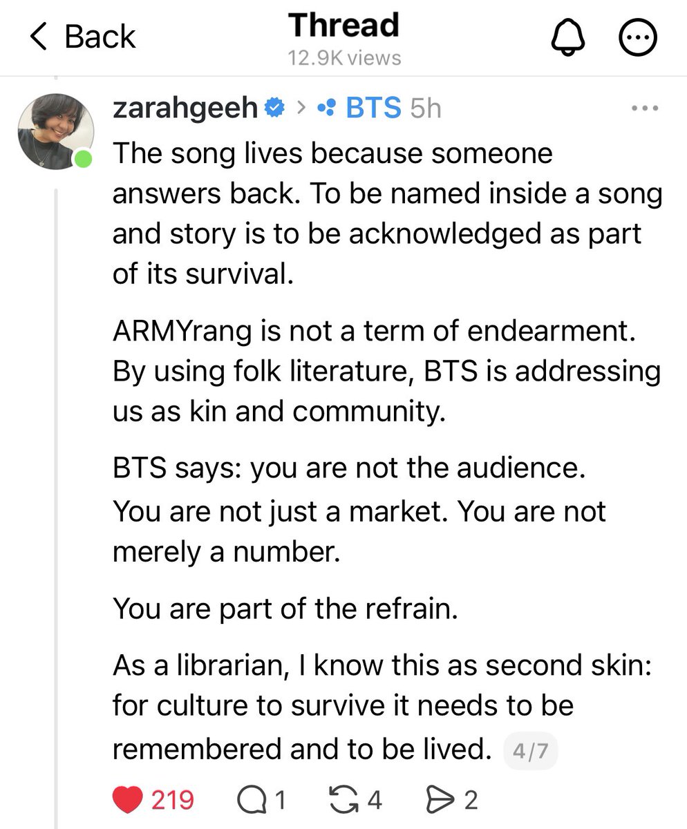 seeuinttukseom's tweet image. Some people asked me to share the screenshots of this amazing thread by @/zarahgeeh on Threads for those who cannot access it there. Find the photos on this tweet and the next (7 screenshots).
#BTS_ARIRANG