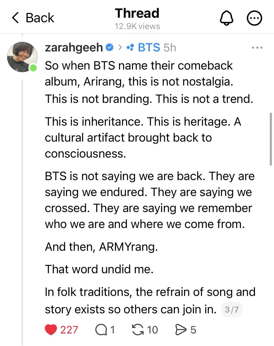 seeuinttukseom's tweet image. Some people asked me to share the screenshots of this amazing thread by @/zarahgeeh on Threads for those who cannot access it there. Find the photos on this tweet and the next (7 screenshots).
#BTS_ARIRANG