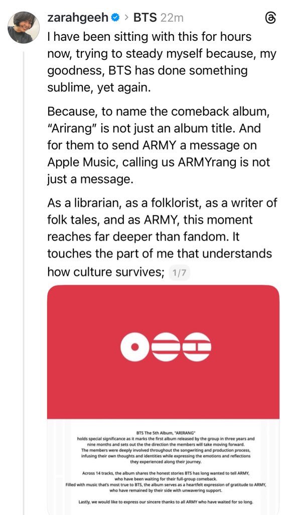 seeuinttukseom's tweet image. Some people asked me to share the screenshots of this amazing thread by @/zarahgeeh on Threads for those who cannot access it there. Find the photos on this tweet and the next (7 screenshots).
#BTS_ARIRANG