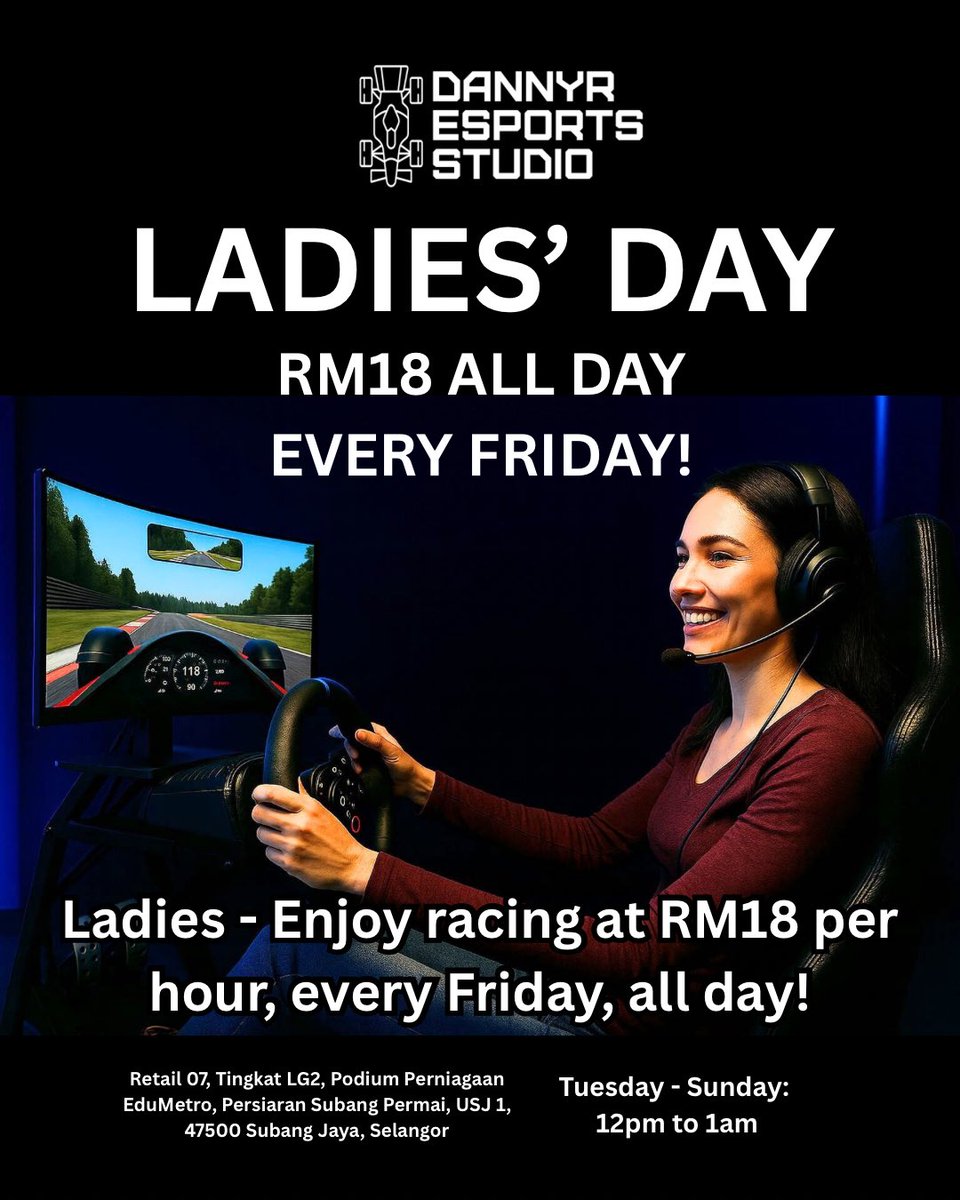 FRIDAY is LADIES DAY at DANNYR ESPORTS STUDIO!

Starting from today, every Friday, ladies will get RM18 per hour for sim racing ALL DAY LONG! Are you ready to experience the thrill of sim racing in style today? 

#simracing #esports #femalesinmotorsport #ladies #simracingmalaysia