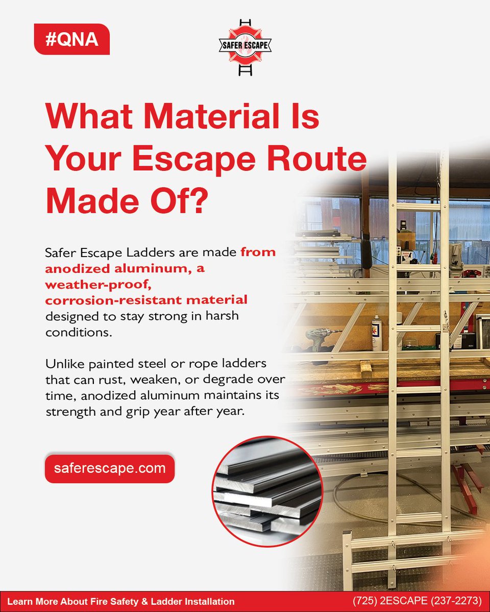 SaferEscape's tweet image. Your escape route is only as strong as what it’s made of. Safer Escape Ladders are built from anodized aluminum. Weather-proof, corrosion-resistant, and designed to stay reliable year after year.

👉 Learn more at saferescape.com

#HomeSafety #SaferEscape #StrongMaterials