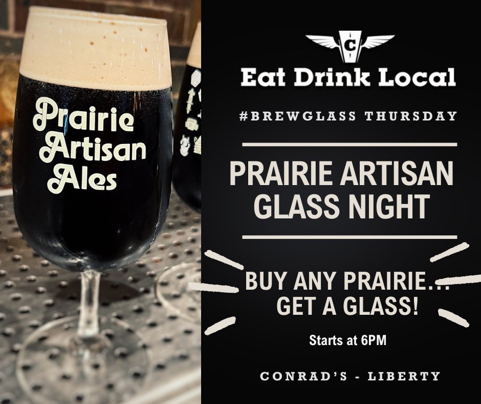 Cheers to #BrewGlass Thursday! 🍻
Swing by our Liberty location at 6pm, grab any @Prairie Artisan Ales, and take home a glass—see you there!
#EatDrinkLocal #Conrads816 #NorthlandProud #BrewGlass