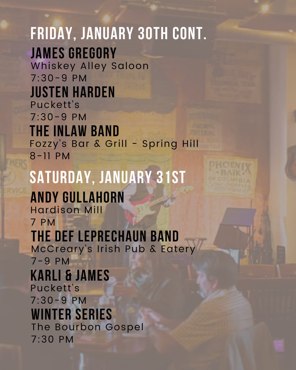 experiencemaury's tweet image. 🎶 Get ready for an amazing week of live music around Maury County! 🎤✨

Swipe to check out all the live music events for January 26th-February 1st!➡️➡️➡️

#LiveMusic #SupportLocalMusic #ExperienceMaury