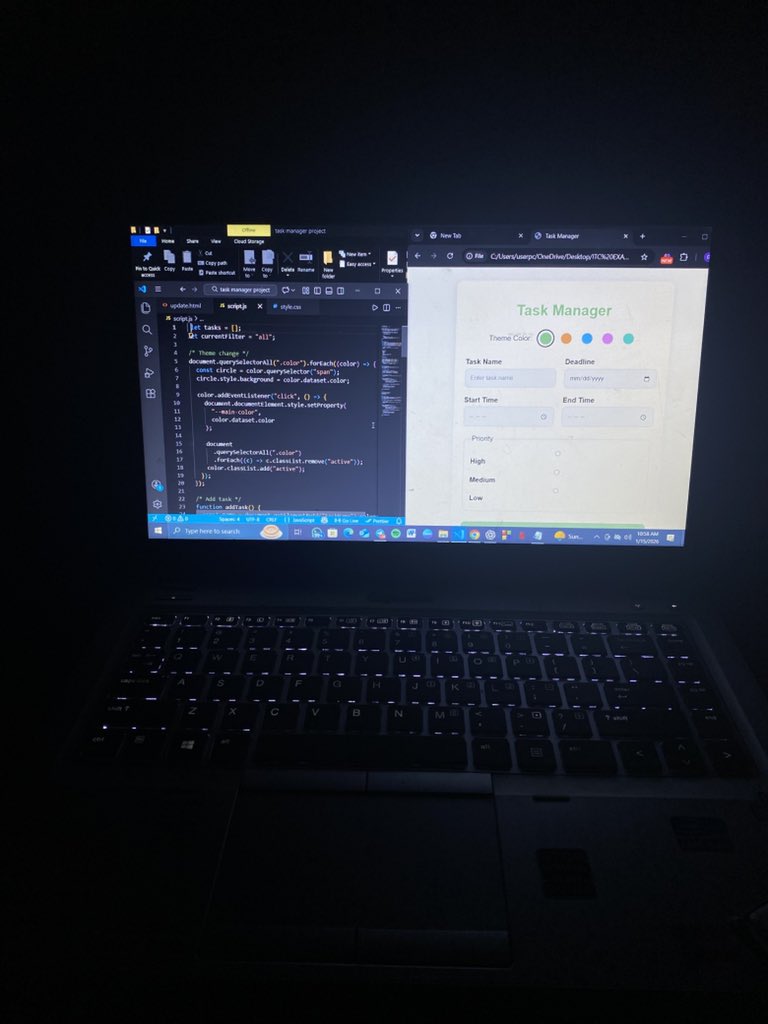 shekretes's tweet photo. I have a Web dev exam tomorrow 😅

Practiced by building a Task Manager app with HTML, CSS &amp; JavaScript- forms, styling, JS logic, and debugging.

Practice really helps 🔁💻 https://t.co/U4TWDxLzN4