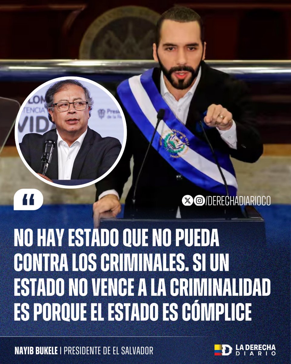 🚨🇸🇻🇨🇴 | “No hay Estado que no pueda contra los criminales. Si no los vence, es porque es cómplice”. El presidente salvadoreño lanzó una dura acusación contra gobiernos fracasados en seguridad, como la Colombia del comunista Gustavo Petro.