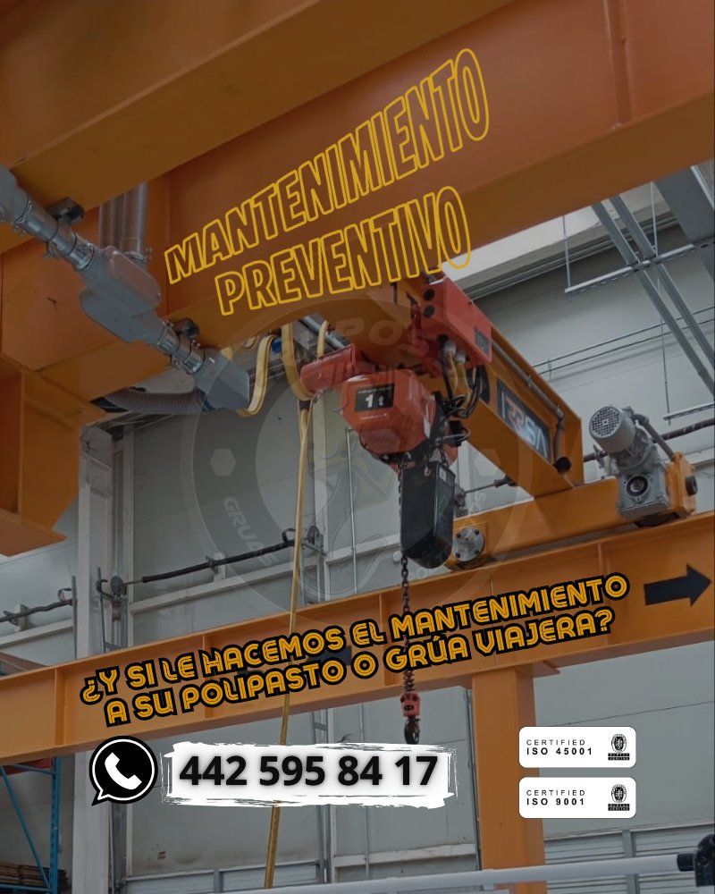 GrupossaMX's tweet photo. 🔧 El mejor rendimiento empieza con el mantenimiento correcto.
Contrata tu póliza para grúas viajeras y polipastos y mantén tu operación siempre en marcha.
🟧Seguridad
🟨Confiabilidad
🟧Ahorro a largo plazo

Estamos para servirle al 📲 442 595 84 17
https://t.co/2KnX351RSI https://t.co/PdmXXihnzw