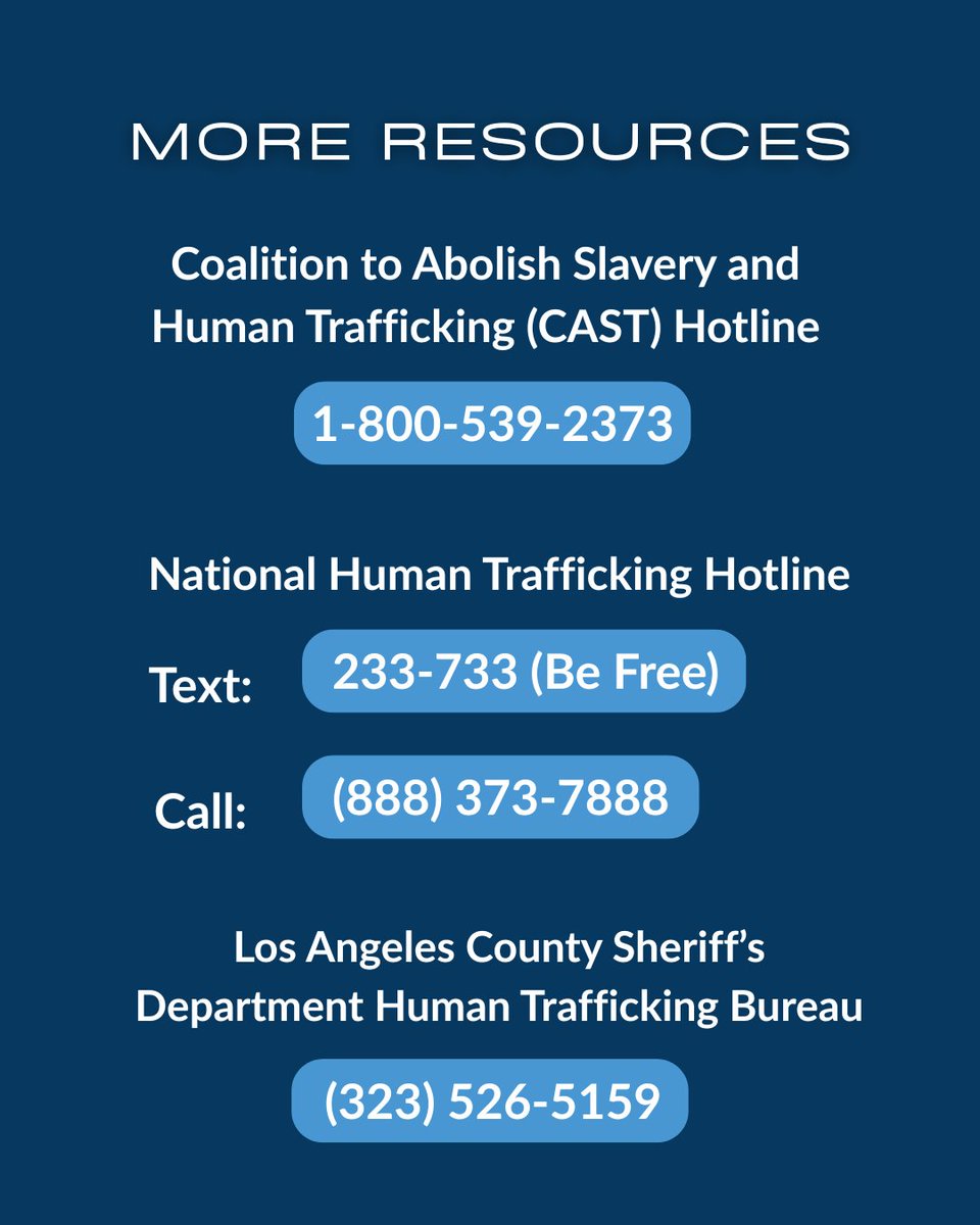 LACountyBOS's tweet photo. January is National #HumanTraffickingPreventionMonth.

We all have a role to play in raising awareness, supporting survivors, &amp; speaking up. If you or someone you know needs help, call the National Human Trafficking Hotline at 1-888-373-7888 or text 233733.

#EndHumanTrafficking https://t.co/gAwvuHlwHa