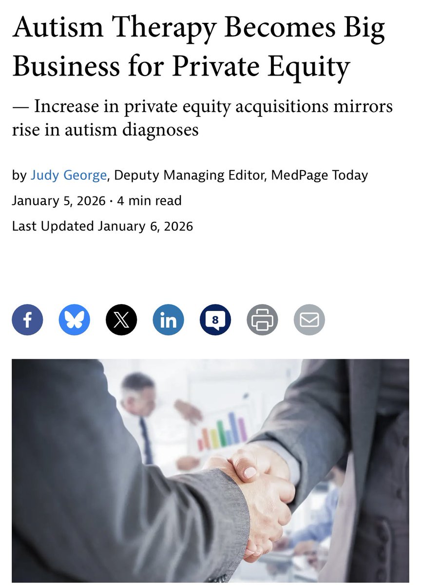 toobaffled's tweet image. Autism is big business 

Private equity firms acquired more than 500 autism therapy centers across the U.S. in the past decade, an analysis showed.

Between 2015 and 2024, 574 sites that delivered autism services in 42 states were bought by private equity, the result of 147…