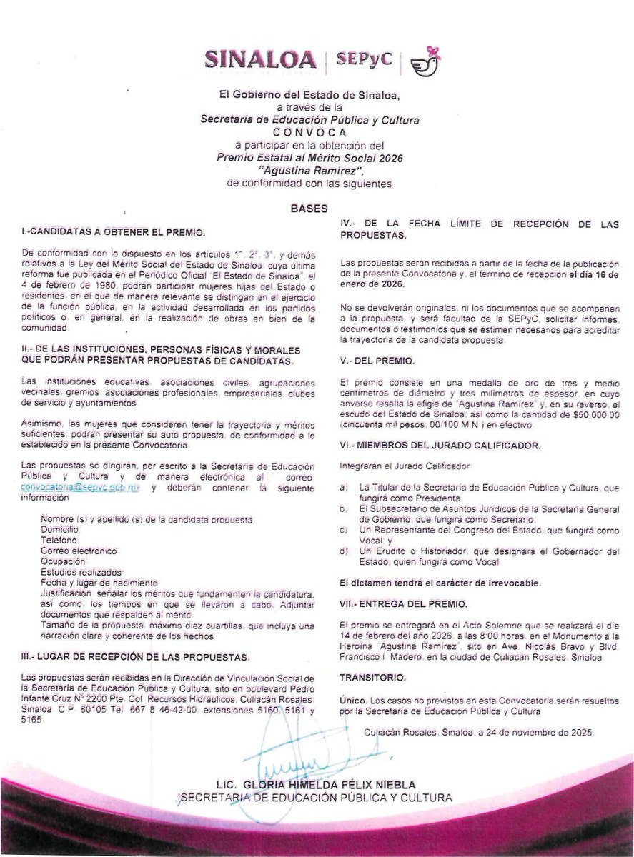ceptca's tweet image. El Gobierno del Estado de Sinaloa, a través de la Secretaría de Educación Pública y Cultura CONVOCA a participar en la obtención del Premio Estatal al Mérito Social 2026 "Agustina Ramírez".📷