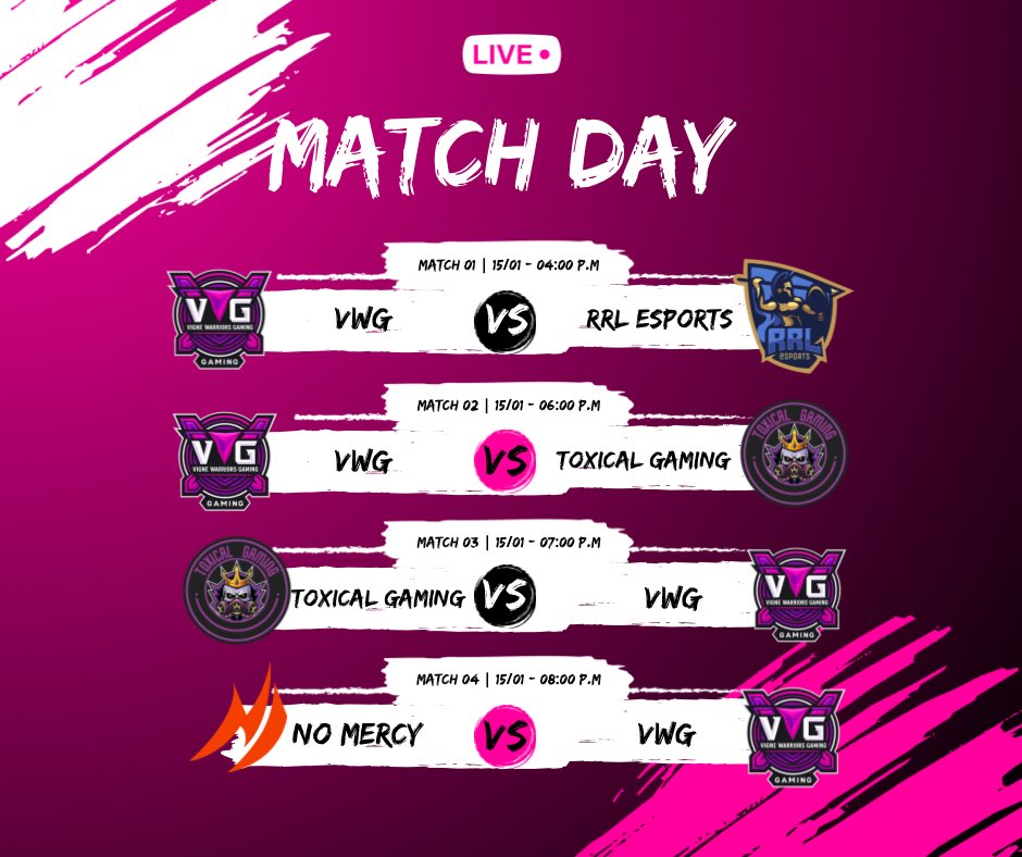 VWGLeague's tweet photo. ⚡️MATCH DAY⚡️

🎯 GROUP PHASE
🏟️ | @SkylineCupCR 
🆚 | @RRL_eSports 
⏰ | 04:00 PM 🇲🇽

🎯 GROUP PHASE
🏟️ | @SquadLeagueCR Mundialito
🆚 |  @ToxicalGamingGG 
⏰ | 06:00 PM 🇲🇽

🎯 FINAL WB
🏟️ | @CupLeonesLE 
🆚 | @ToxicalGamingGG 
⏰ | 07:00 PM 🇲🇽

🎯 PLAY OFFS
🏟️ | @AMG_LEAGUE 
🆚 | @NoMercyGG__ 
⏰ | 07:00 PM 🇲🇽

#MatchDay #eSports #Final #Playoffs #GoodLucksGuys #WeAreVWG