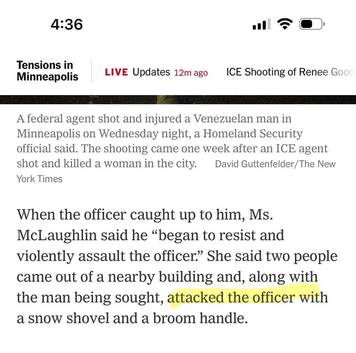 DrewHolden360's tweet image. Not in the headline. 

Not in the subhead. 

Not in the first paragraph. 

Not in the second paragraph. 

But at the end of the third paragraph, @nytimes finally mentions that the illegal immigrant in this story (and two others) assaulted the federal agent who pulled the trigger.