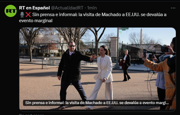 R_VenezuelaTV's tweet photo. 🎙️❌ Sin prensa e informal: la visita de Machado a EE.UU. se devalúa a evento marginal

JD Vance #HastaElFinal Donald Trump María Corina PSUV https://t.co/LtZGFq1qcJ
