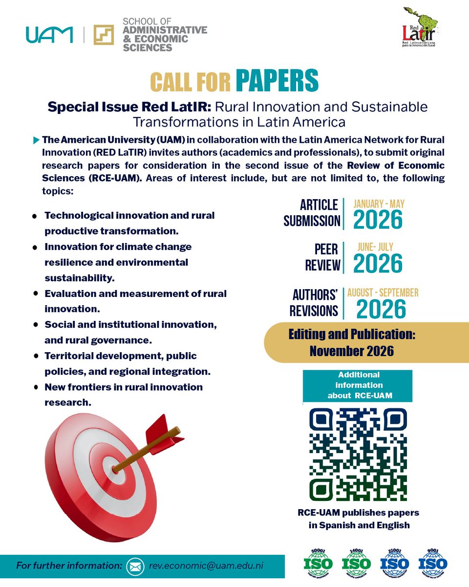 📢 Se abre la convocatoria para la publicación de artículos académicos en el Special Issue Red LatIR, dedicado a la innovación rural y a las transformaciones sostenibles en América Latina.
📅 Recepción de artículos: enero – mayo 2026
📖 Edición y publicación: noviembre 2026

#UAM
