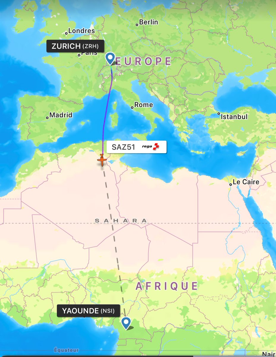 Paulchouta's tweet image. 🔴🔴URGENT : 

Cet avion médicalisé appartenant à Swiss Air-Ambulance est actuellement en chemin pour Yaoundé. Il a décollé de l’Aeroport de Zurich en Suisse à 20h34. Son arrivée à l'aeroport de Yaoundé-Nsimalen est prévue à 3H18 du matin.

L’aéronef c’est