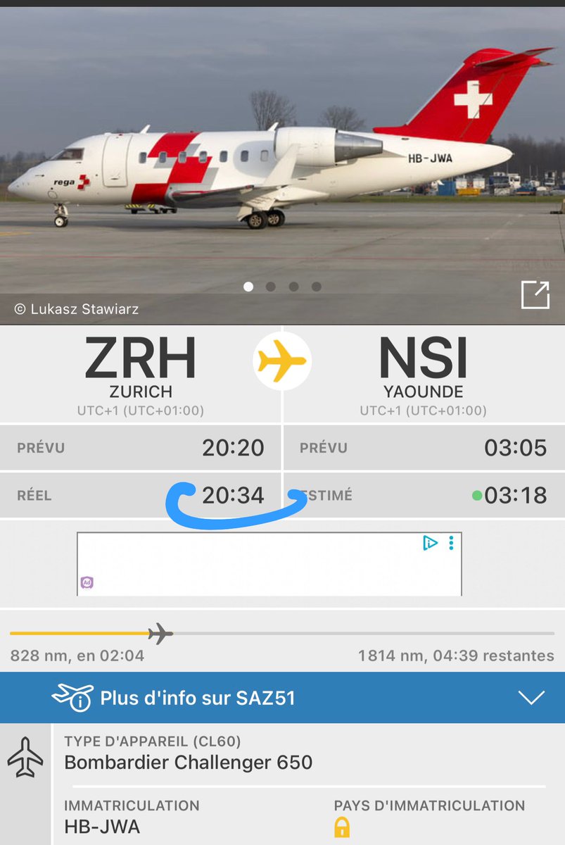 Paulchouta's tweet image. 🔴🔴URGENT : 

Cet avion médicalisé appartenant à Swiss Air-Ambulance est actuellement en chemin pour Yaoundé. Il a décollé de l’Aeroport de Zurich en Suisse à 20h34. Son arrivée à l'aeroport de Yaoundé-Nsimalen est prévue à 3H18 du matin.

L’aéronef c’est