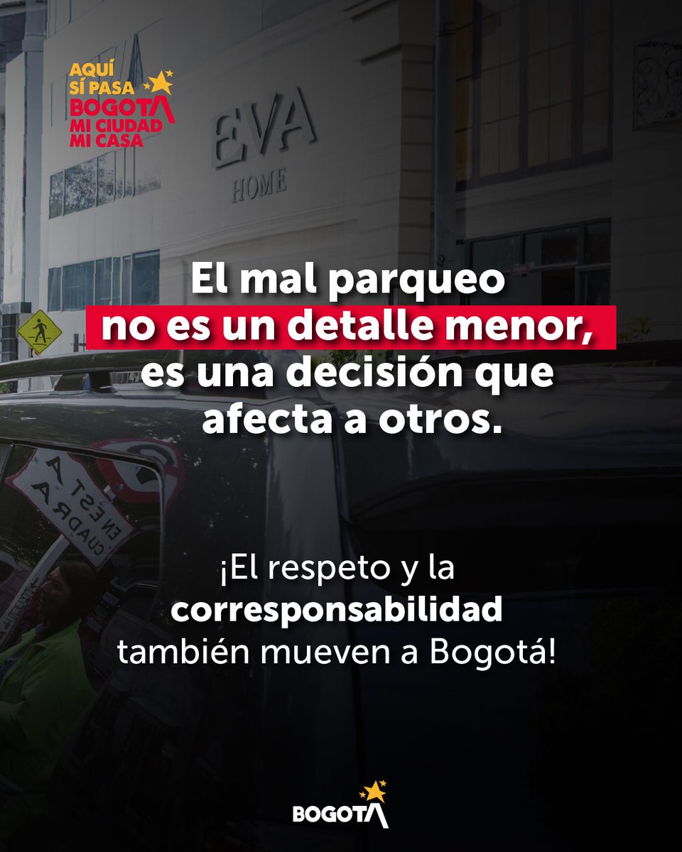 Recuerda: El mal parqueo no solo genera congestión vehicular, también incrementa los tiempos de desplazamiento y pone en riesgo la seguridad de todas las personas que comparten la vía. 🛣️🚗🚫 

#MovilidadEficiente #CulturaParaLaMovilidad  #EnMiCasaNosMueveElRespeto #Bogotá
