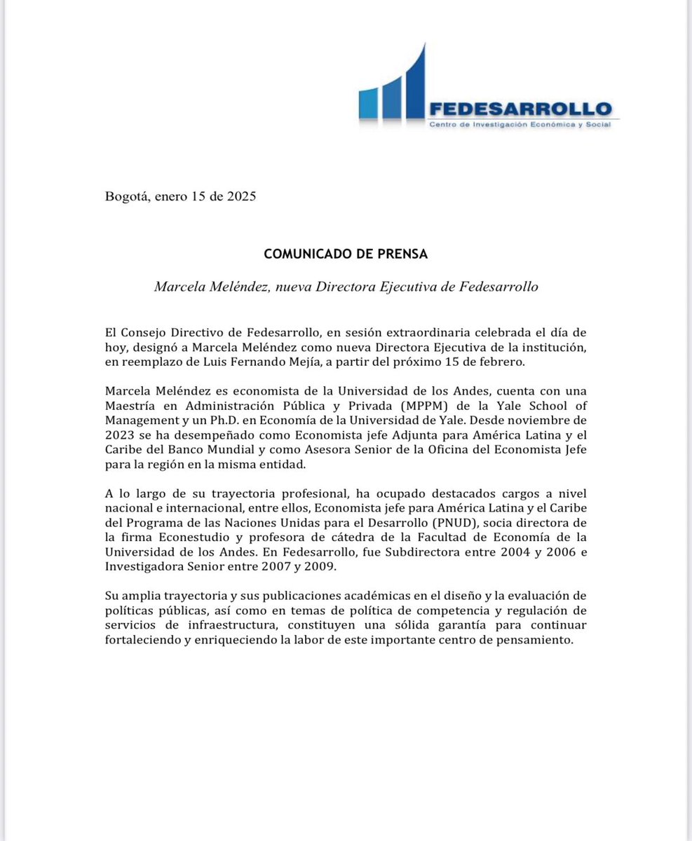 UltimaHoraCR's tweet image. Fedesarrollo (@Fedesarrollo) designó a Marcela Meléndez como su nueva directora, en reemplazo de Luis Fernando Mejía. Ella es economista y es Ph.D en Economía de la Universidad de Yale

Caracol.com.co