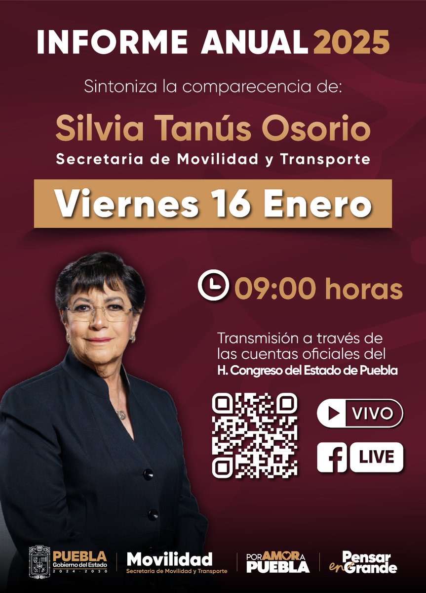 Acompáñanos a la comparecencia de nuestra titular, <a href="/silvia_tanus/">Silvia Tanús</a>, donde presentará los avances y resultados en materia de movilidad, transporte público y seguridad vial en el estado.

🗓 Viernes 16 de enero
⏰ 09:00 horas
📡 Transmisión en vivo a través de las cuentas oficiales