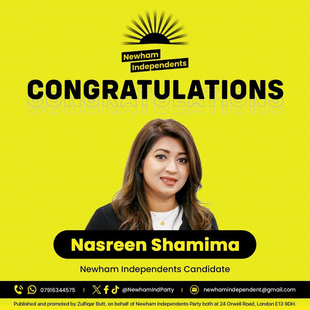 NewhamIndParty's tweet image. 🎉Congratulations to Nasreen Shamima on being selected as a Newham Independents councillor candidate for the May 2026 local elections.
Wishing you every success on this exciting journey!

#NewhamIndependents #LocalDemocracy #TeamNewham