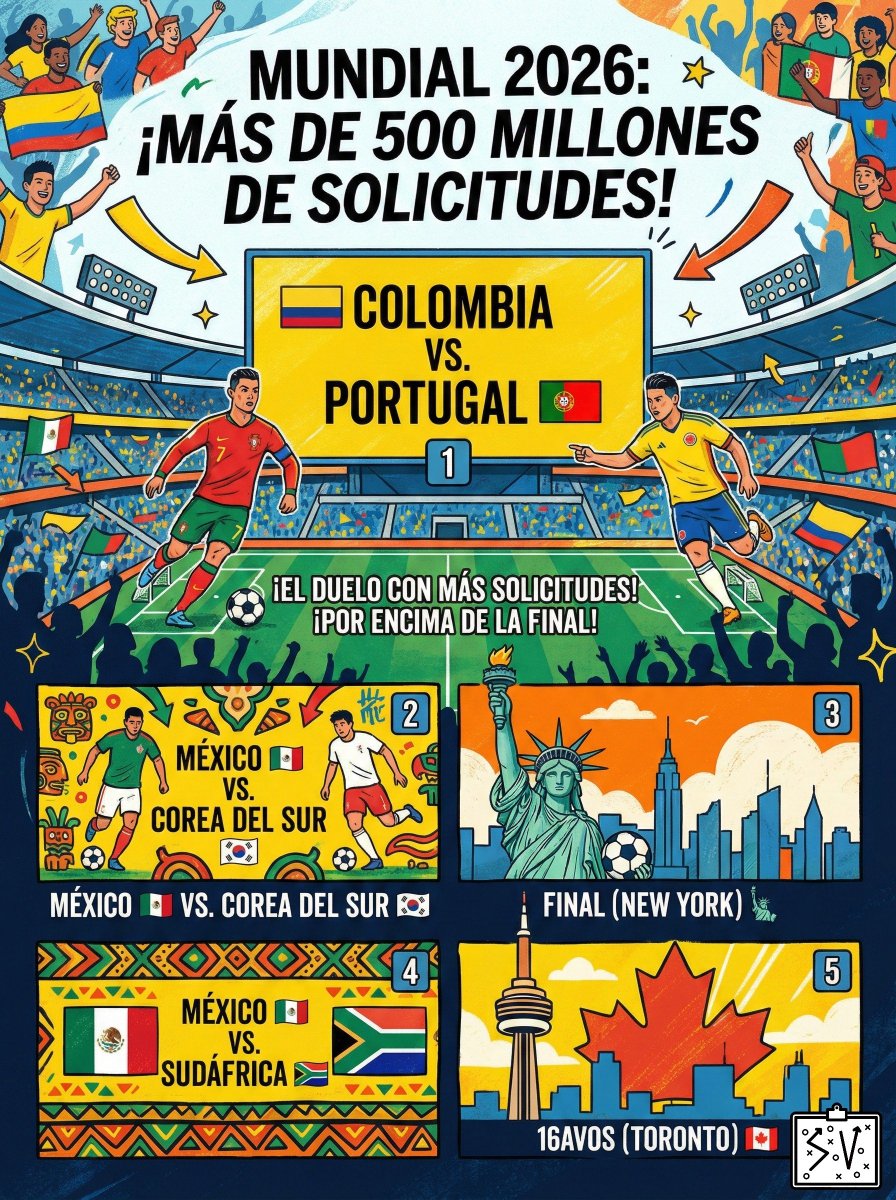 🔥 Colombia vs. Portugal es el duelo con más solicitudes por entradas para el Mundial 2026, ¡incluso por encima de la final!

🤯 La FIFA confirmó que recibieron más de ¡500 millones! de solicitudes para todos los partidos.

¿Los 5 más solicitados?
1️⃣ 🇨🇴 Colombia vs. Portugal 🇵🇹.