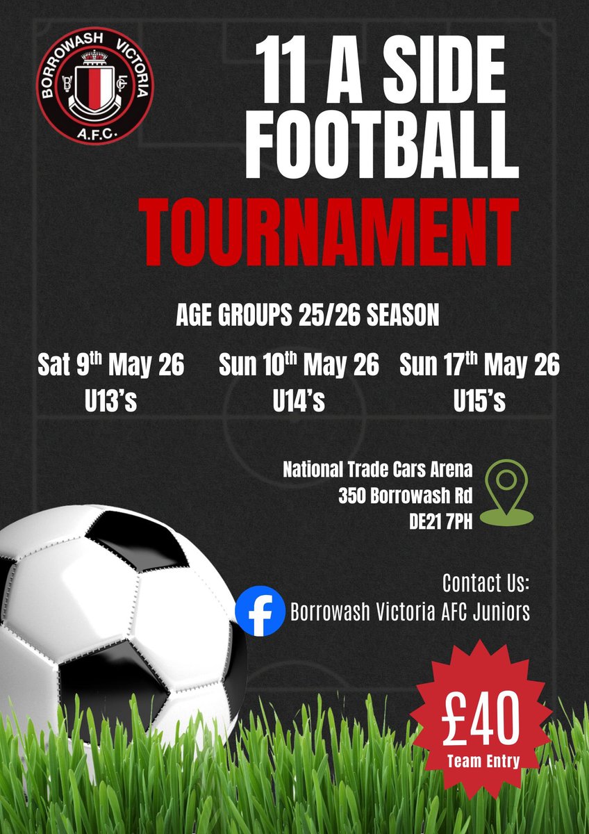 Exciting news...

Borrowash Victoria are delighted to be hosting our first annual Junior Football Festival!

⚽️Tournify App
⚽️Qualified Officials
⚽️Onsite bar and food hut
⚽️Ice Cream Van
⚽️Inflatables
⚽️Onsite Parking £3

Get in touch to secure your team’s spot.

#grassroots