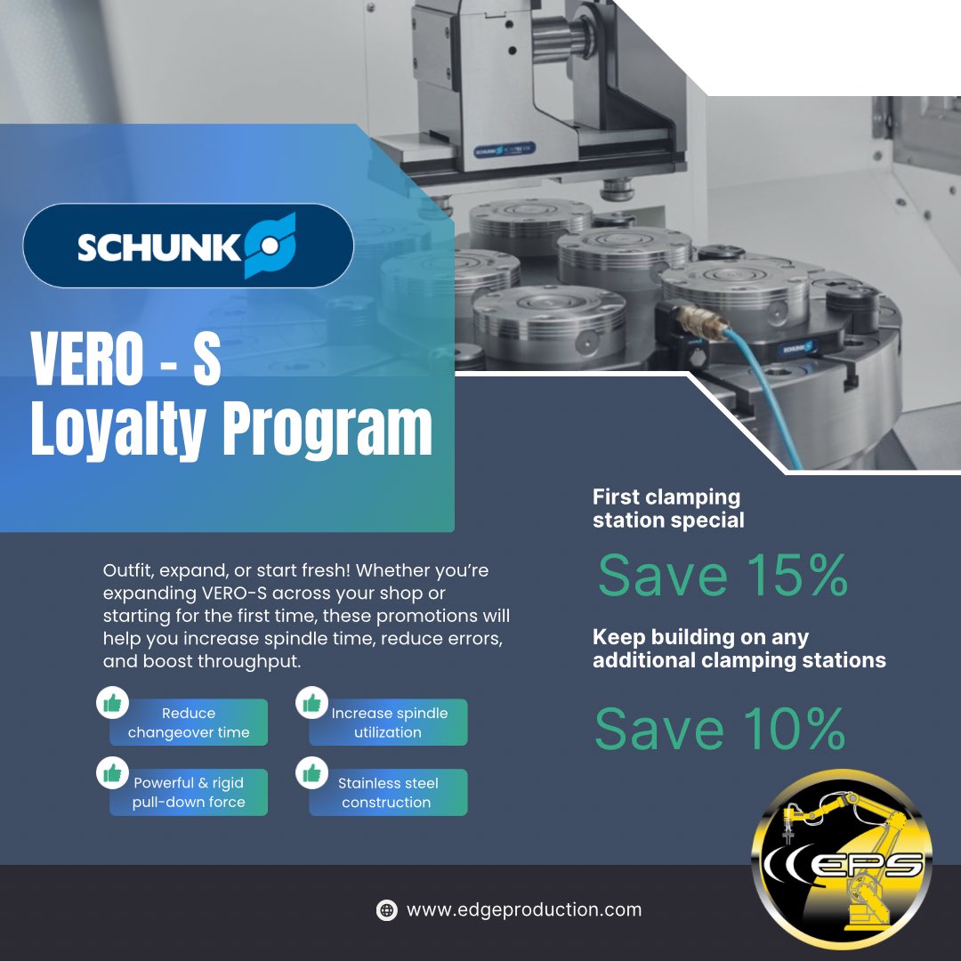 Happy New Year from Schunk! Save with the VERO-S Loyalty Program. Whether you're starting fresh, or building off of your clamping station, Schunk will help you build your set up. Contact Edge to learn more!

#EdgeProductionSupplies #TotalMachiningSolutions #schunk #machinetools