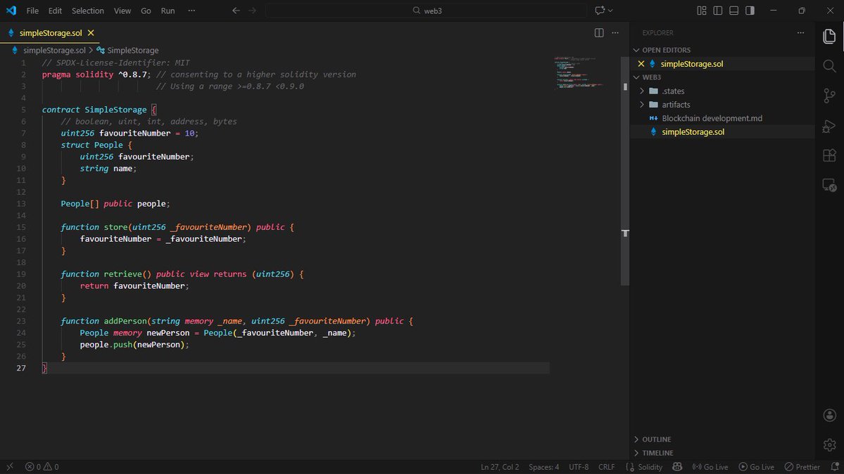 whitecrow_dev's tweet image. Day 3 of the 6-month lock-in with @growthinweb3 &amp;amp; @iamveektoria_ / day 10 of #blockchain dev  

I wrote some code today and learned a great deal about pure and view functions.
I learned about structs and arrays: fixed and dynamic

#buildinpublic #web3