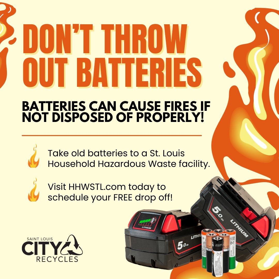Properly dispose of old batteries at a St. Louis Household Hazardous Waste facility. Dropping off items is FREE for city residents. Visit HHWSTL.com today to schedule your hazardous waste drop-off. Remember to bring your ID.