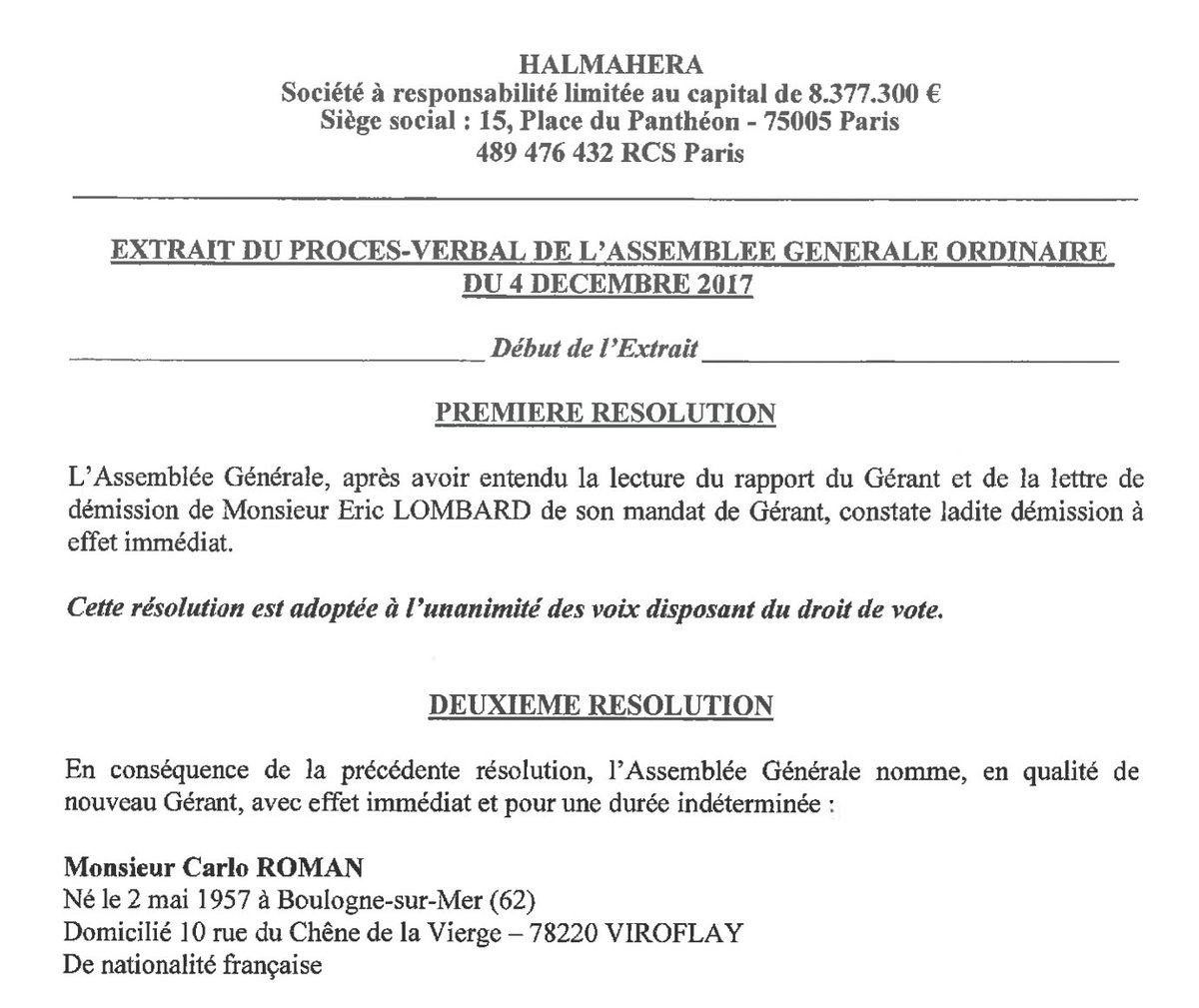 LevyAntoine's tweet image. Incroyable confusion. On passe d'un "RFR de zero" a une simple "sur-optimisation". 
Mais prenons un cas au hasard, la société Halmahera, dont l'ancien gérant, un certain E. Lombard, a été remplacé par son épouse F. Lombard après un intérim d'un Carlo Roman, expert-comptable.