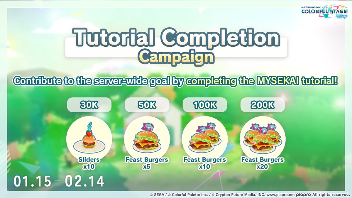 ColorfulStageEN's tweet image. We have another campaign heading your way!

Complete the new MYSEKAI tutorial to contribute to our server-wide goal!

Rewards include items like Sliders and Feast Burgers. 🍔

Available until February 14, 23:59 (PT)/ February 15, 7:59 (UTC)