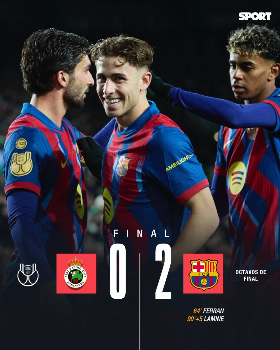 sport's tweet image. ✅ ¡Final en Santander!

🔝 El Barça se clasifica para cuartos de final de la Copa tras vencer al Racing con goles de Ferran Torres y Lamine Yamal al final del partido.