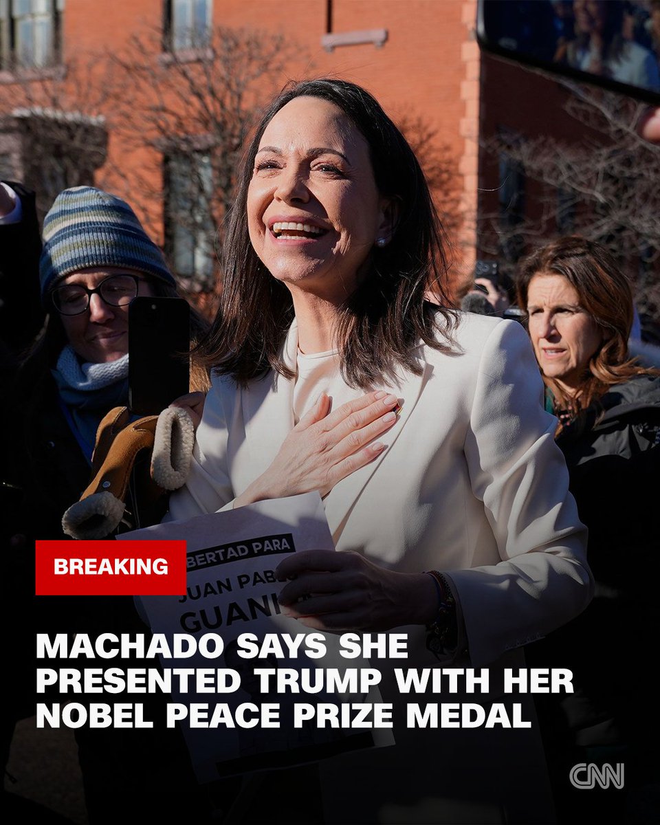 CNN's tweet image. Venezuelan opposition leader María Corina Machado says she "presented" Trump with her Nobel Peace Prize medal at White House meeting
cnn.it/3LP3YMO