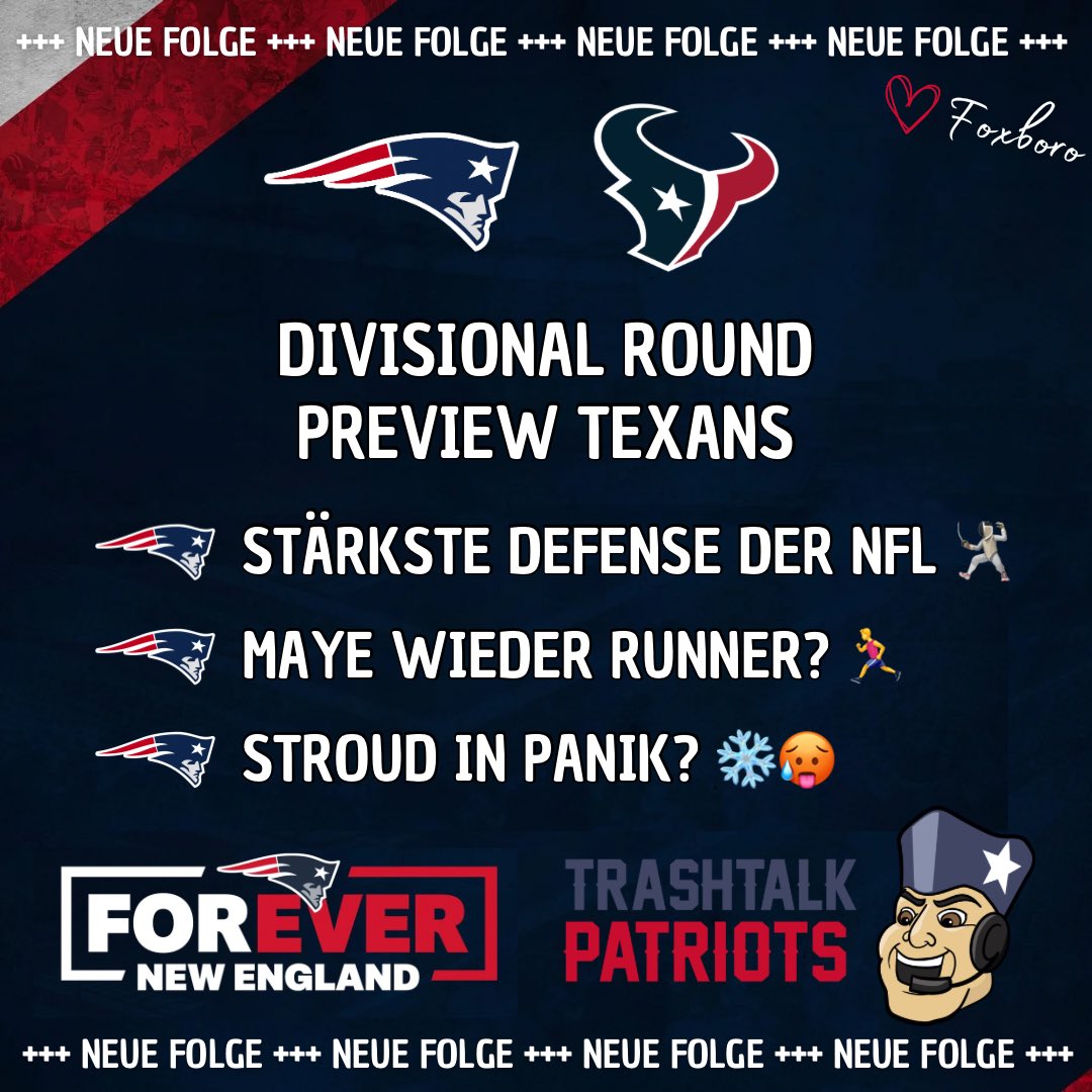 PatsTrashtalk's tweet image. Auf geht’s in die Divisional Round und damit in die nächste Playoff Runde. Im eigenen Stadion treffen die Patriots auf eine bärenstarke Defense der Texans.

Die gesamte Preview gibt es hier:

open.spotify.com/episode/1avshO…

@Footballerei @patsdeutsch @TexansNationGer @MrGIF4479