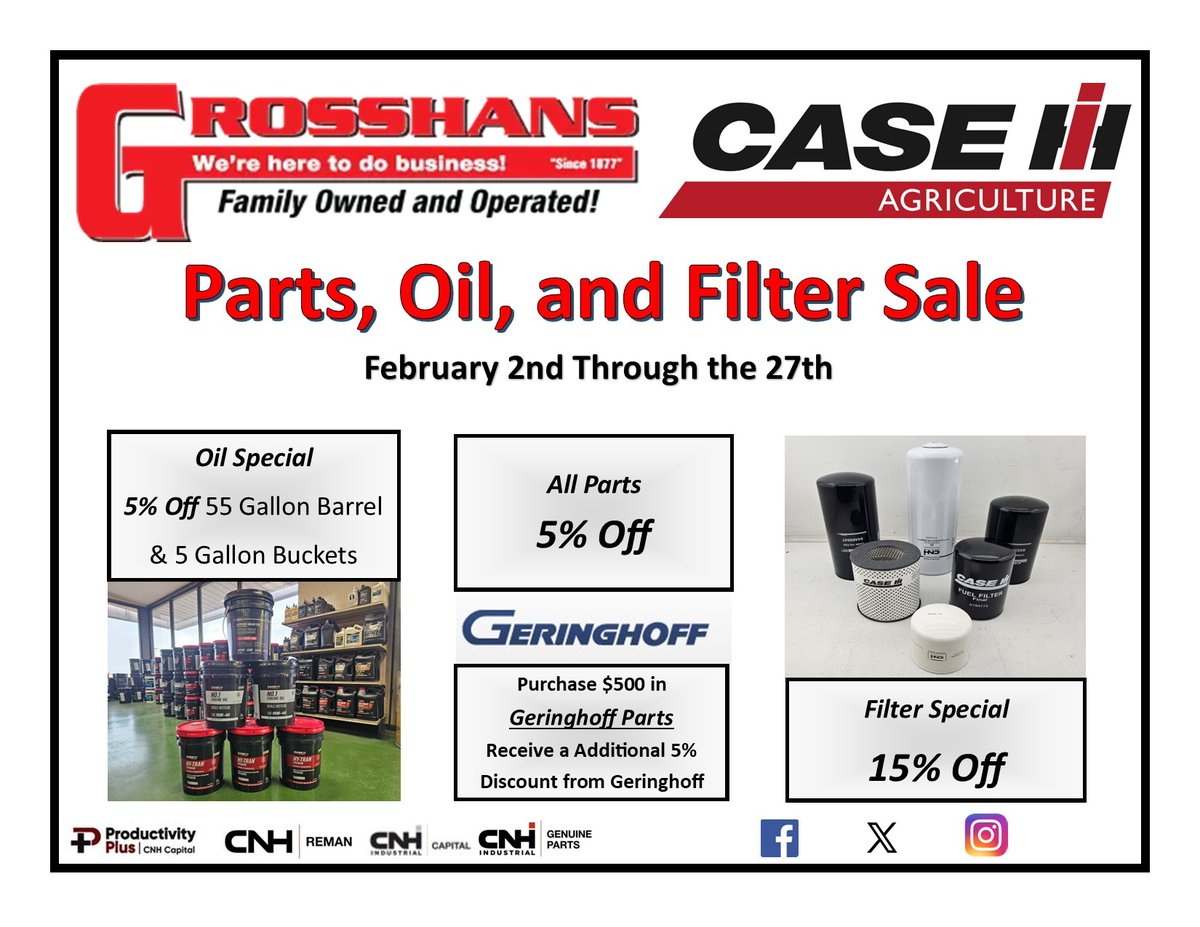 Parts, Oil, and Filter Sale! 2/2/2026→2/27/26

grosshansinc.com

#caseih #case #international
#parts #oil #filter #sale
#farmer #farming #farm #Equipment