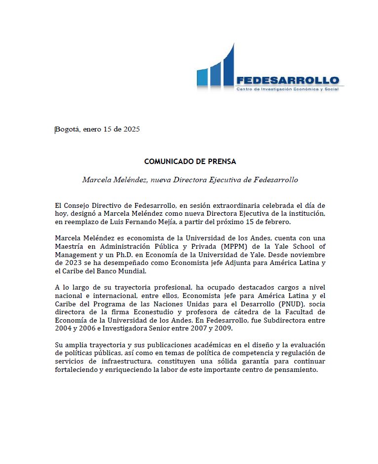 Fedesarrollo's tweet image. 📢 Fedesarrollo anuncia el nombramiento de su nueva directora ejecutiva.

El Consejo Directivo de Fedesarrollo, en sesión extraordinaria celebrada el día de hoy, designó a Marcela Meléndez como nueva Directora Ejecutiva de la institución, en reemplazo de Luis Fernando Mejía, a