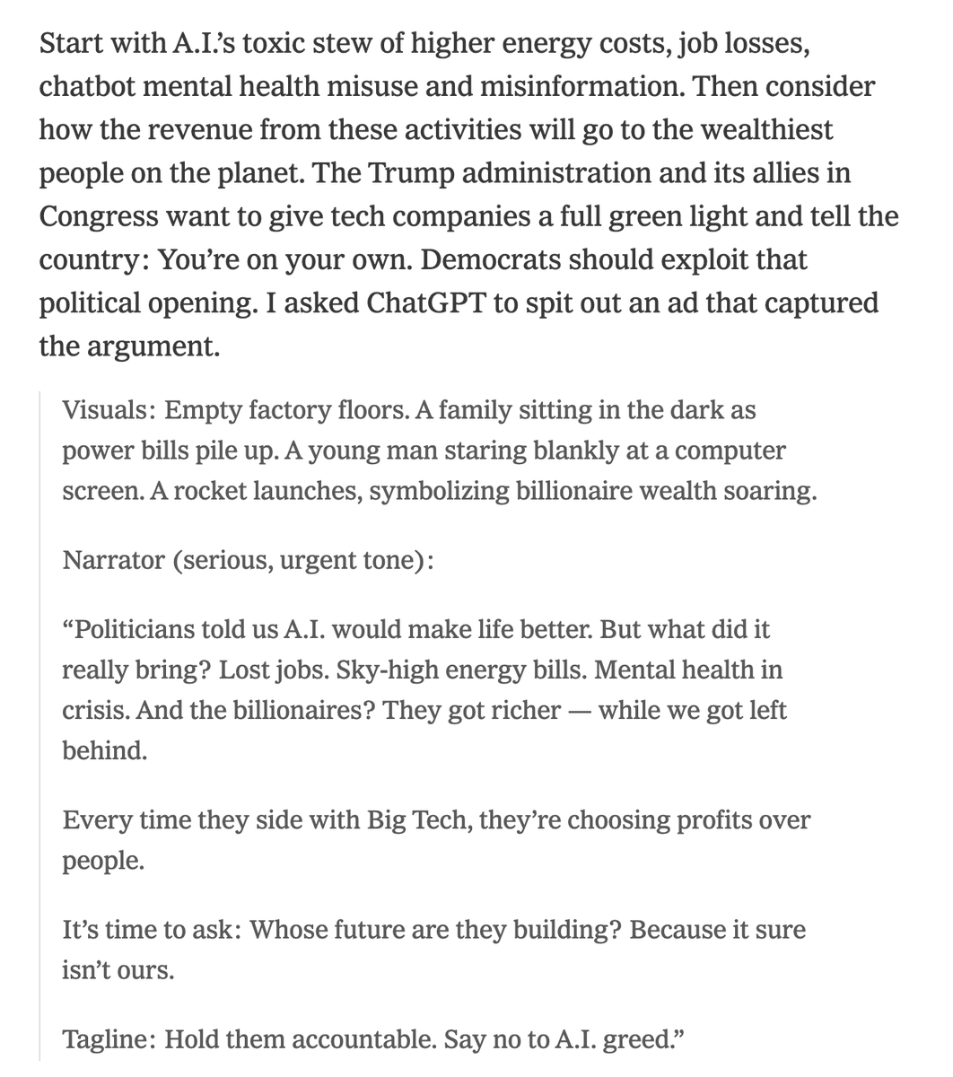 adamkovac's tweet image. I love David Plouffe and am all for making Rs own the excesses of the Trump era, but our party simply can't become the anti-AI party.  

We need to stop the victimization stuff, rediscover tech optimism, and be aggressive in spreading its benefits.

nytimes.com/2026/01/15/opi…