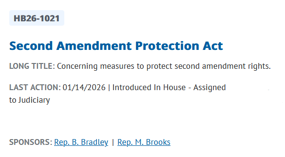 FreeStateColor1's tweet photo. "The right to keep and bear arms is not a privilege granted by government; it is a safeguard against government overreach. Colorado will no longer be complicit in its erosion."

🇺🇸🚨GREAT BILL INTRODUCED ! 🚨🇺🇸

Colorado, let's show up and speak in FAVOR of this one!

@bradleyforco and @MBrooksHD45 are sponsoring the Second Amendment Protection Act HB26-1021! 

This bill states, "The general assembly further finds that: An overwhelming majority of firearm restrictions enacted in Colorado since 2013 are incompatible with the text, history, and tradition of the second amendment, the constitutional standard affirmed by the United States supreme court in N.Y. State Rifle & Pistol Association v. Bruen, 597 U.S. 1 (2022). 

"The legislators and lobbyists responsible for these laws have demonstrated either willful ignorance or outright contempt for that standard.

"Colorado's legislative process has been captured by a well-funded out-of-state anti-gun lobby and its billionaire donors whose influence drowns out the voices of ordinary Coloradans and pressures lawmakers to advance unconstitutional policies regardless of their consequences;

"During the very period in which gun control laws have multiplied, Colorado has experienced a sustained and alarming rise in violent crime. 

"The state has ranked first in the nation for motor vehicle theft and has ranked consistently among the most dangerous states in the country, which is clear evidence that disarming the law-abiding has not, and will not, stop criminal violence."