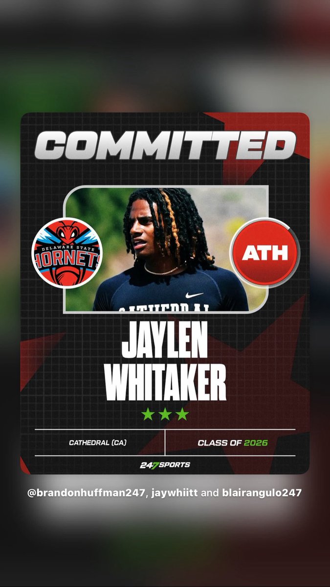 After a great conversation with <a href="/DeSeanJackson10/">Desean Jackson</a> and <a href="/CoachTclark/">Travis Clark</a> i’m 1000% committed to <a href="/DelSt_Football/">Delaware State FB</a>  thank you god for this opportunity 🙏🏽……..<a href="/CoachV_50/">Coach Vince ( Cathedral High)</a> <a href="/BrandonHuffman/">Brandon Huffman</a> <a href="/BlairAngulo/">Blair Angulo</a> <a href="/247recruiting/">247Sports Recruiting</a> <a href="/PGregorian/">Paul Gregorian</a> <a href="/CoachDMinor/">Coach Minor/Coach D</a> <a href="/CoachJabari8/">Coach Jabari Jefferson</a> <a href="/latsondheimer/">eric sondheimer</a> ……<a href="/918graphics/">918 Graphics</a>
