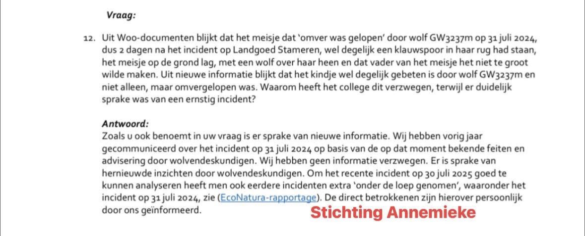 Provincie Utrecht <a href="/MirjamSterk/">Mirjam Sterk</a> laat zich adviseren door Zoogdiervereniging en haar vriendje de wolvenconsulent die drie dubbele petten op heeft en wolvencoordinator Zoogdiervereniging is. Kind 31 juli 2024 is gewoon gebeten en niet omver gelopen! Foto’s rug kindje werden 1/2⬇️