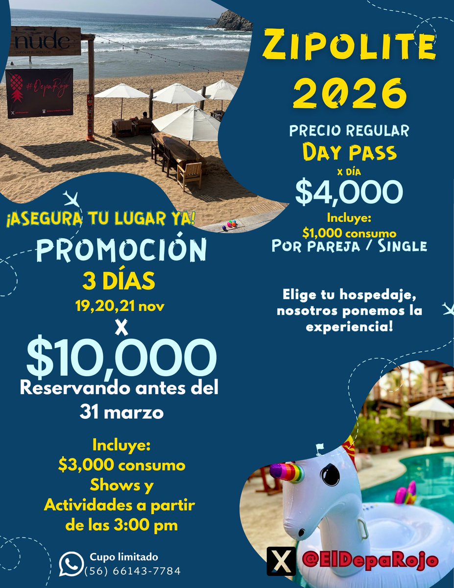 DepaRojo Zipolite 2026

Para las parejas que vienen a Zipolite, se quedan en Huatulco o prefieren hospedarse en otro hotel sin perderse la vibra, las fiestas y la experiencia completa… el Day Pass DepaRojo es para ustedes 😈🌴

Llega, disfruta, conéctate y duerme donde