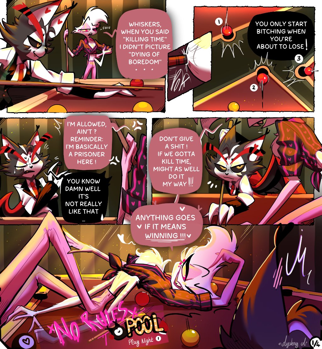 MysteryMartist's tweet image. If Angel is forced to stay in Husk’s casino… might as well have some fun! But classic games can get boring pretty fast…🤔

So I propose a series of mini-stories featuring games reimagined by Angel! :D

🎲🕷️Play Night 1:

No Rules Pool 1/4

#huskerdust