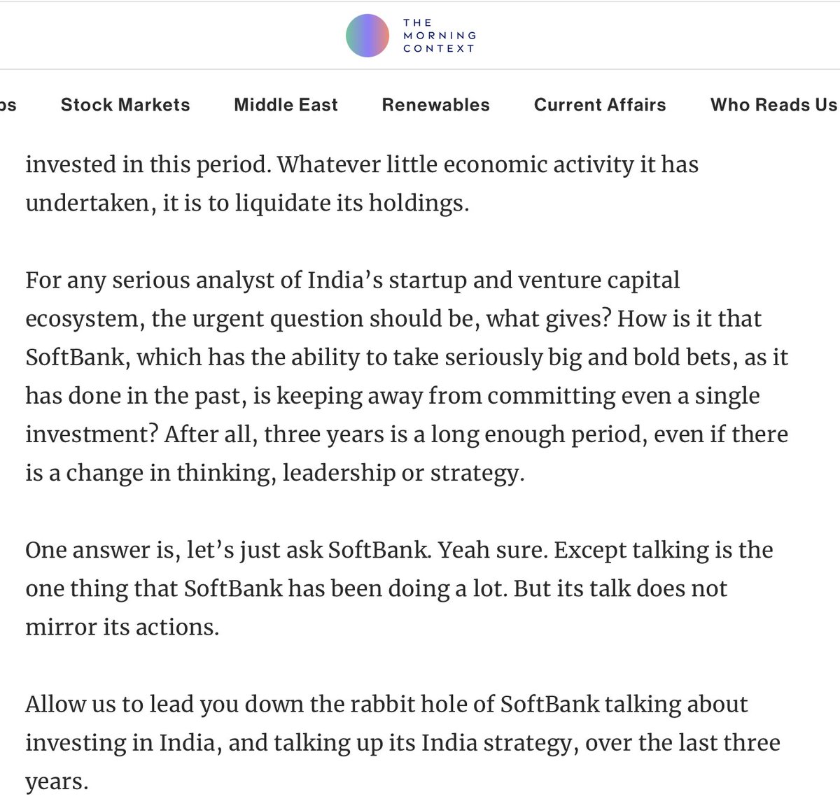 akm1410's tweet image. SoftBank, one of the world’s largest venture capital funds, has not made a single new investment in an Indian startup in the last three years. It has barely done follow-ons in companies where it is already invested in this period. Copy with @Harveen_A in @MorningContext
