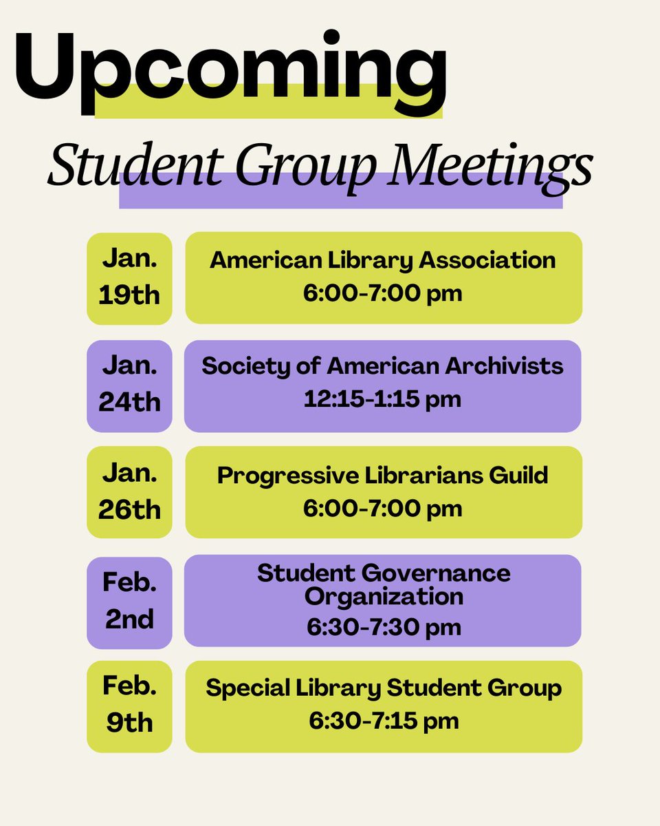 We hope everyone had a great winter break! Now that school is back in session, it’s the perfect time to learn more about our student groups at these upcoming meetings. All MLIS students are welcome!