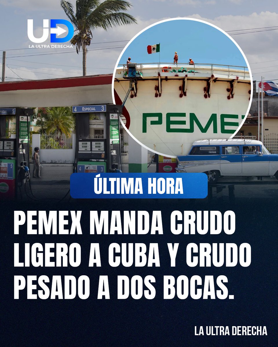 🇨🇺|🇲🇽 ¡PARA CUBA LO MEJOR! ¿Y PARA MÉXICO? Según reportó <a href="/ElFinanciero_Mx/">El Financiero</a> de <a href="/Bloomberg/">Bloomberg</a>, <a href="/Pemex/">Petróleos Mexicanos</a> envió a Cuba sus crudos de mayor calidad (Istmo y Olmeca), que son más fáciles de procesar en las refinerías cubanas, mientras que el crudo más pesado se dirige a la refinería de Dos