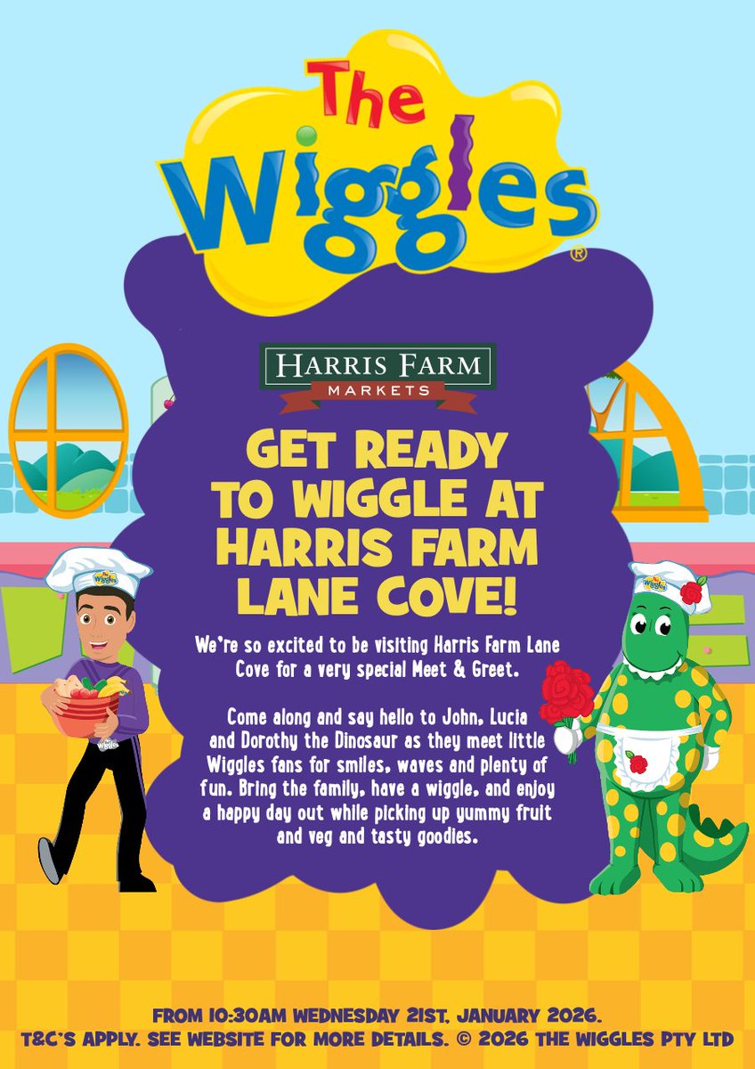 ifpa_anz's tweet photo. Meet The Wiggles at Harris Farm Markets Lane Cove TOMORROW.​
​
John, Lucia, and Dorothy the Dinosaur are joining forces to make fruit and veggies fun!​
​
Wednesday 21 January​
10.30am to 11.30am https://t.co/yViDqXf8xd