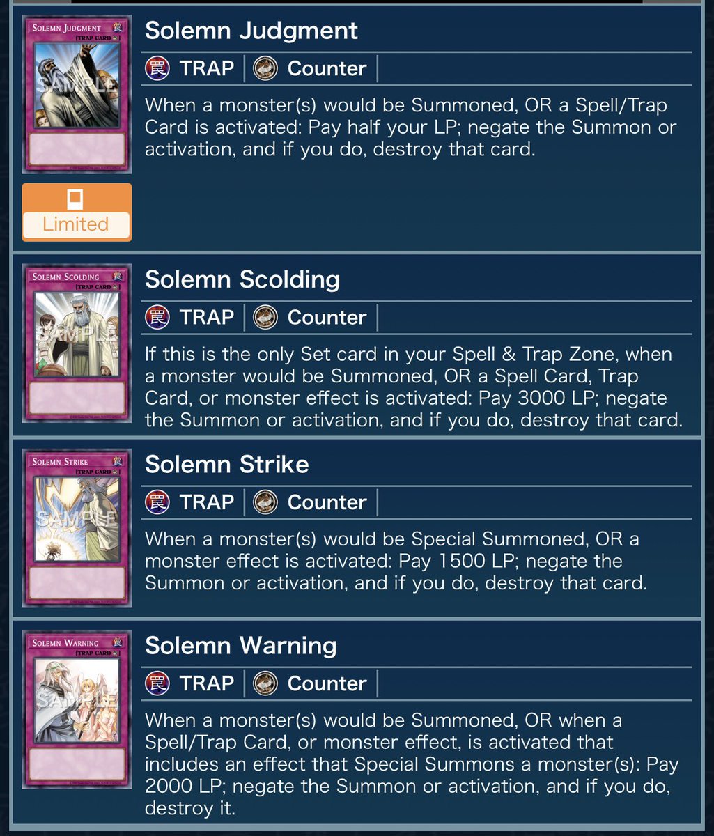 shirokuriboh's tweet image. 「神の」はカテゴリー化できるのか？

結論から言うと難しい

日本語の「神の（かみの）」カウンター罠と英語「Solemn」カウンター罠でそれぞれ検索すると「神の摂理」でリストに齟齬が発生してしまう

仮にこの辺のカードを意識したテーマが出るならカウンター罠そのものをサポートする路線になるか